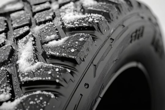 A close-up of a snow-covered tire showcases its intricate tread design, highlighting its suitability for winter driving conditions.