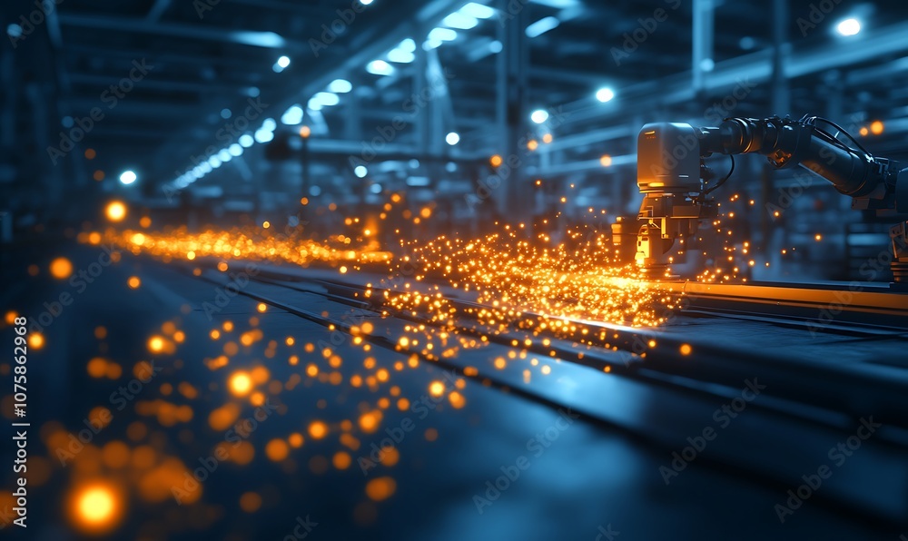 Aufkleber a futuristic industrial scene featuring a robotic arm emitting bright sparks in a manufacturing sett