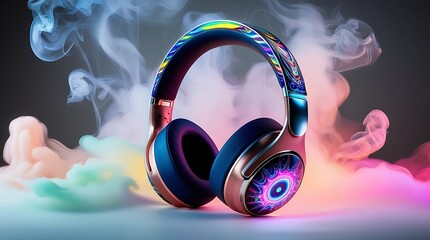 Fototapeta premium Foggy neon colored stereo headphones blank mockup.Night party ready .exploding in festive colorful splash, dust and smoke with vibrant light effects on loud music, sound pulse and beats.