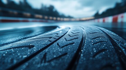 A close-up of a wet tire shows intricate tread patterns against a blurred racetrack backdrop, highlighting the grip and performance in rainy conditions.