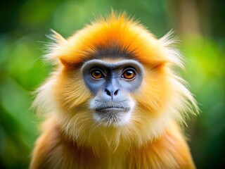 Obraz premium Captivating Tilt-Shift Portrait of a Golden Langur Gazing into the Camera with a Soft Focus Effect, Showcasing Its Unique Features and Captivating Expression in Nature