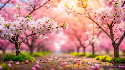 Obraz premium Captivating Tilt-Shift Photography of Sweet Cherry Blossoms in Spring with Delicate White Flowers Creating a Dreamy Floral Landscape Experience