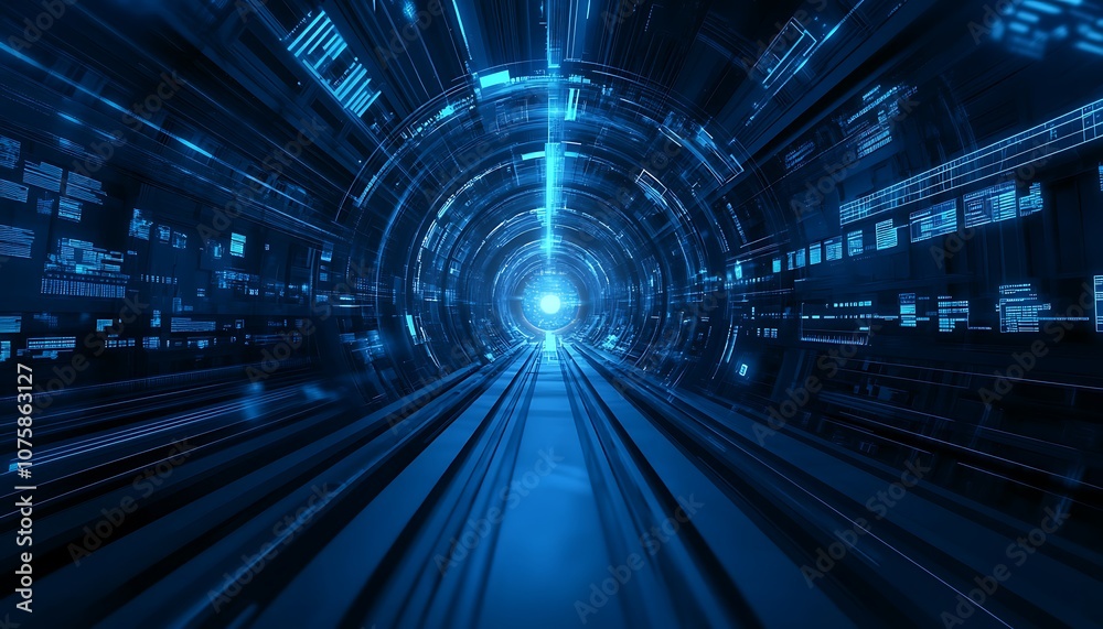 Poster A futuristic blue tunnel with glowing light and digital patterns, suggesting motion through a high-tech environment.