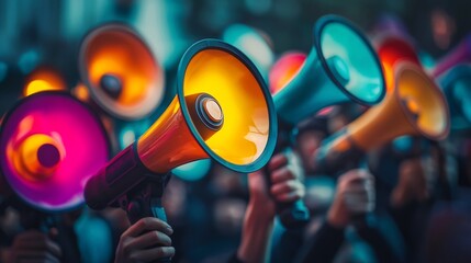 Diverse Crowd Holding Vibrant Glowing Megaphones Symbolizing Collective Voice for Social Change