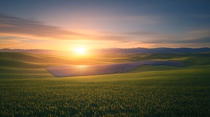 Naklejka premium A tranquil landscape features a line of figures in a field, illuminated by a breathtaking sunrise over rolling hills.