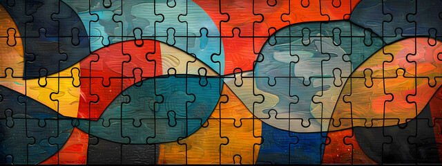 Obraz premium An abstract artwork featuring colorful puzzle pieces in vibrant hues of red, blue, and green, creating a harmonious flow.