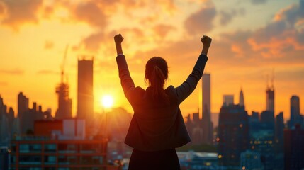 Fototapeta premium A silhouette of a person raises their arms triumphantly against a vibrant sunset skyline, symbolizing achievement and empowerment.