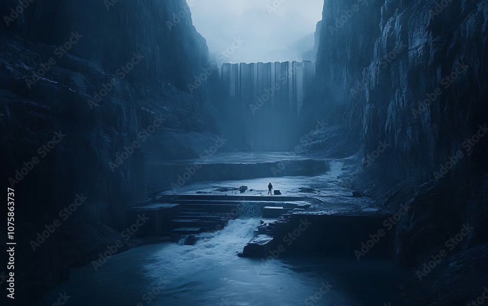 Aufkleber A serene and mysterious landscape featuring a dark waterfall cascading into a tranquil pool, surrounded by towering cliffs and an enchanting atmosphere.
