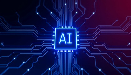 Glowing Purple AI Chip on Blue Circuit Board, Symbolizing Advanced Artificial Intelligence Technology.