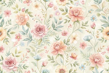 Delicate floral wallpaper featuring pastel-colored blooms in a whimsical, organic design, gentle patterns, botanical, vintage style