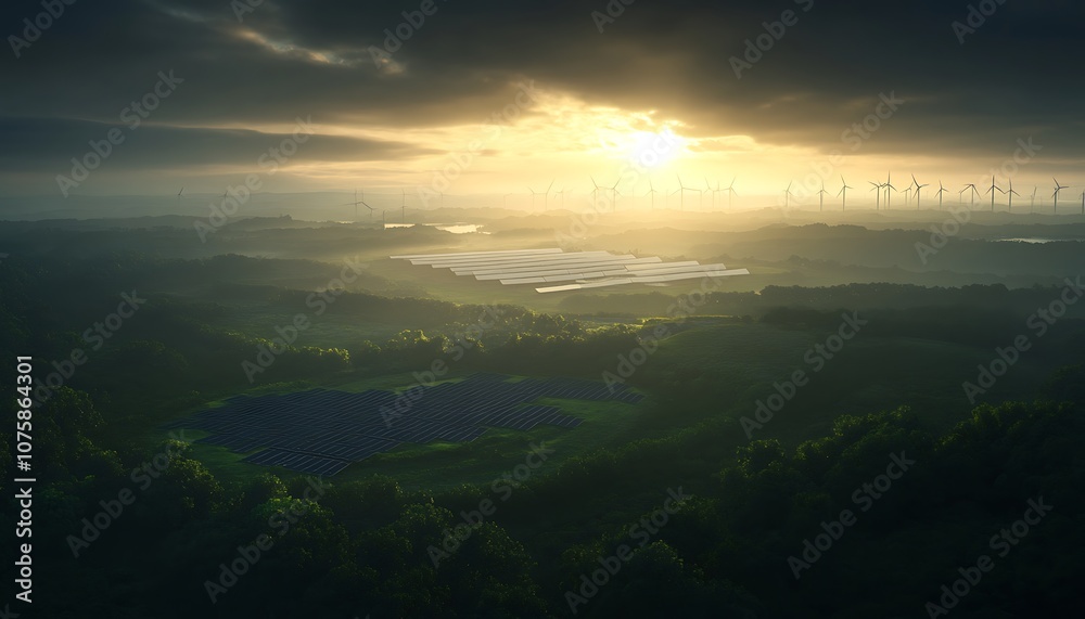 Poster a breathtaking landscape featuring distant hills, a serene lake, and a sunrise partially obscured by