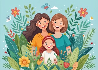 Cheerful Illustration of a Mother and Two Daughters Surrounded by Playful Plants on a Light Blue Background, Perfect for Celebrating Family Bonds and Nature's Joy