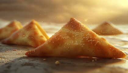 Close up of four triangular shaped pastries on a textured surface with warm lighting.