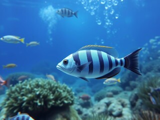 Fototapeta premium Underwater view showcasing a school of colorful fish swimming in the ocean, creating a vibrant and dynamic sea life scene, view, school fish