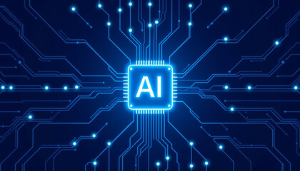 Glowing Purple AI Chip on Blue Circuit Board, Symbolizing Advanced Artificial Intelligence Technology.