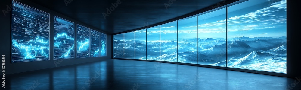 Poster a modern room featuring large windows displaying a stunning blue ocean scene, creating an immersive 