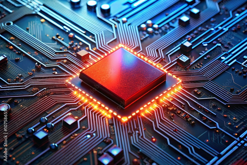 Poster closeup of a red microprocessor on a circuit board with glowing connections showcasing advanced tech