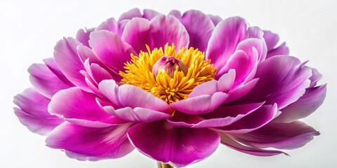 Obraz premium Closeup of a Stunning Purple-Pink Peony Flower with Vibrant Yellow Stamens on an Isolated White Background for Nature-Inspired Design Projects