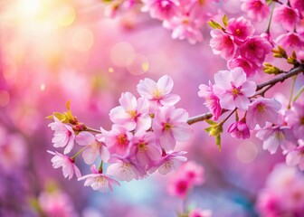 Obraz premium Close-Up of Blooming Pink Sakura in Soft Focus Capturing the Essence of Spring Beauty with Bokeh Effects and Natural Light for a Serene and Tranquil Ambiance