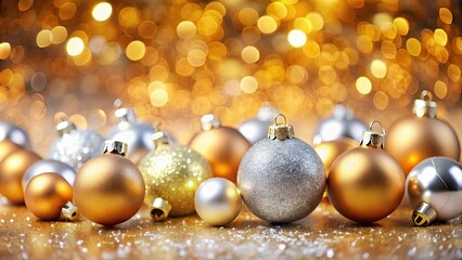 Christmas background with gold and silver Christmas balls and blurred background with bokeh, Christmas, background, gold, silver