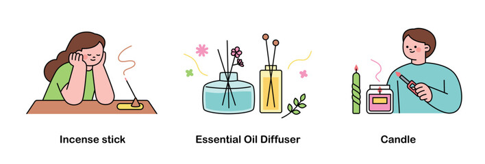 Incense for self-care. Incense, aroma, scented candles, outline simple vector illustration.