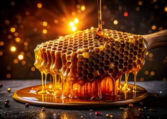 Closeup of Honey Dripping Onto Honeycomb at Night, Capturing the Golden Elixir in Beautiful Detail...