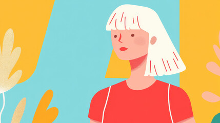 Illustrated portrait of a woman with white hair in a colorful abstract background