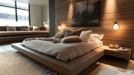 A contemporary bedroom with a low-profile bed,