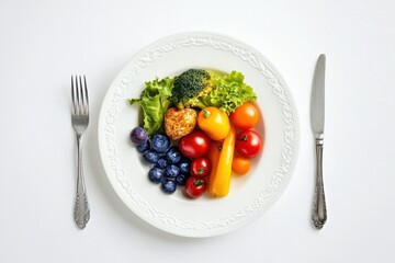 A white plate with a healthy meal of broccoli, lettuce, tomatoes, bell peppers, blueberries, and a piece of chicken breast.