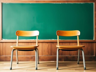 Vintage wooden chairs arranged neatly in an empty classroom, setting the stage for a back to school concept, education, empty