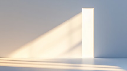 A minimalist interior with a partially open door casting light into the room.