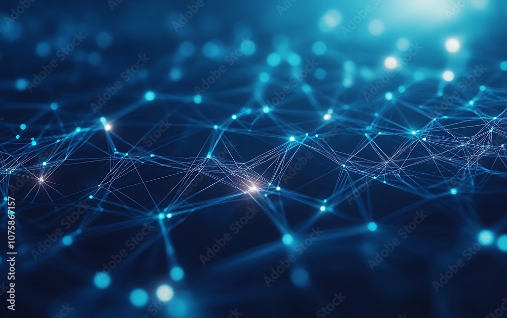 Poster an abstract network of glowing blue dots and lines, depicting a digital or technological landscape w