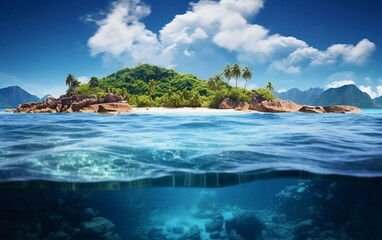 Fototapeta premium A picturesque tropical island scene showcasing lush greenery and clear blue waters.