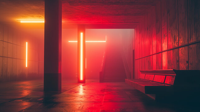 Moody underground hallway with neon lights and red mist creating a surreal atmosphere