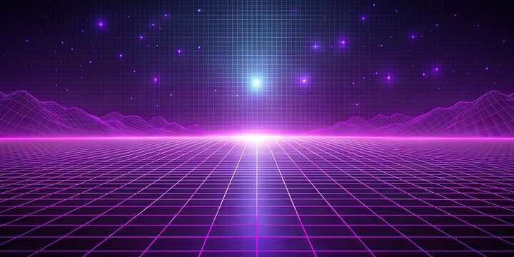 Retro abstract technology grid landscape with glowing purple colors moving in a wireframe design , grid, abstract, technology