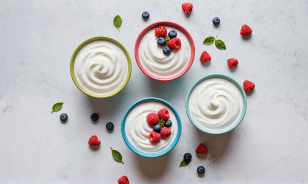 Four bowls of yogurt with blueberries and raspberries on top