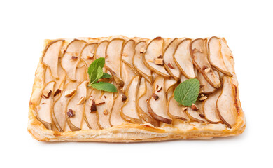 Delicious puff pastry tart with pears, almond and mint isolated on white