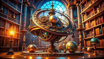Complex Steampunk Orrery Machine in an Antique Library with Clockwork Gears and Cogs in a Sci-Fi Fantasy Horror Theme for Animated Timelapse Style Video Game Art