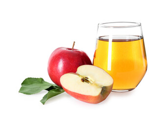 Tasty apple juice in glass and fresh fruits isolated on white