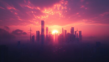 Fototapeta premium A stunning digital landscape featuring a futuristic city silhouetted against a vibrant sunset with hues of pink and orange, creating a serene and dreamlike atmosphere.