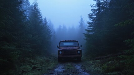 A dark, misty forest filled with towering spruce trees, an old,