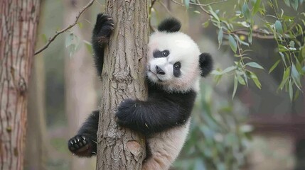 Obraz premium Giant Panda Relaxing on a Tree at Chengdu Research Base
