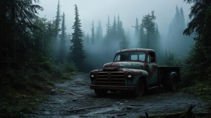 A dark, misty forest with towering spruce trees in the background,