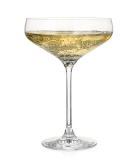 Pouring champagne into glass isolated on white
