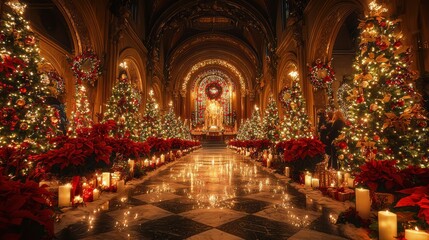 A beautiful Christmas Eve candlelight service in a decorated church with families gathering in reverence Soft holiday music fills the air as everyone reflects on the season’s meaning A peaceful 
