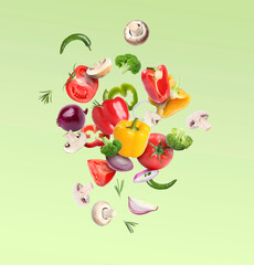 Many different fresh vegetables in air on light green background