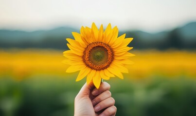 sunflower in the hands, Girl hold yellow blooming sunflower field