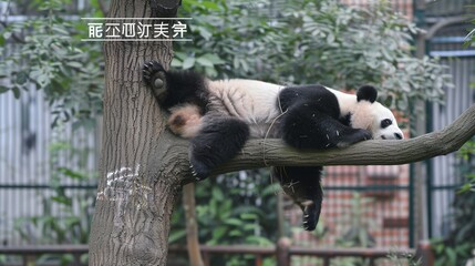 Obraz premium Giant Panda Relaxing on a Tree at Chengdu Research Base
