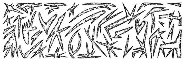 Set of abstract hand drawn shapes with noise texture. Funky doodle graphic asset. Trendy grunge style design elements. Vector figures.
