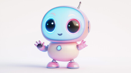 Cute pink and blue robot waving and smiling on white background